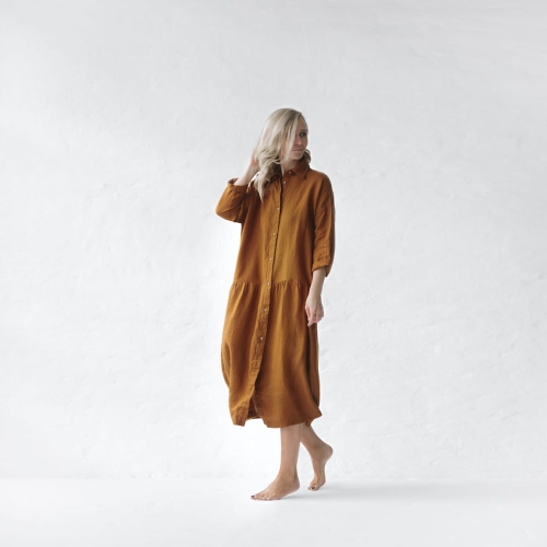 Lniana sukienka oversize musztardowa