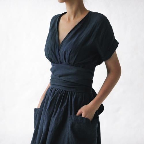 Lniana sukienka kimono granatowa